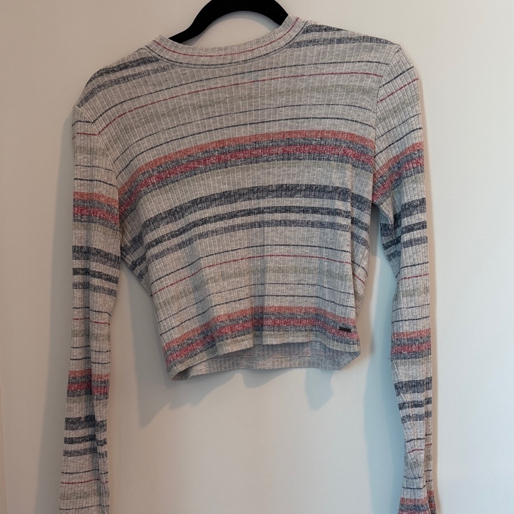 Striped Lightweight Ribbed Long-Sleeve Mock Neck Crop Top